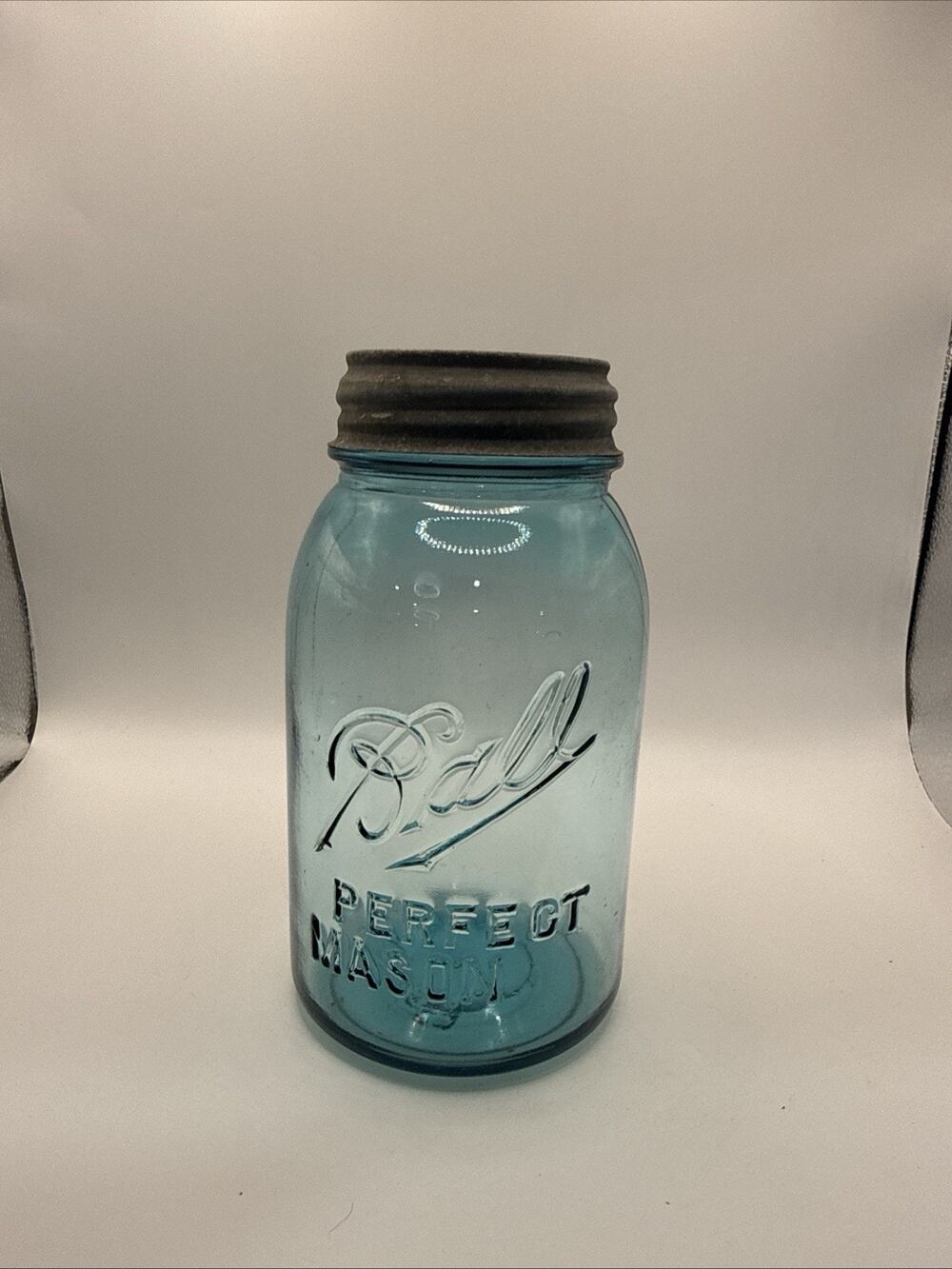 VINTAGE BLUE SQUARE QUART BALL PERFECT MASON JAR #9 With Lid Great Shape